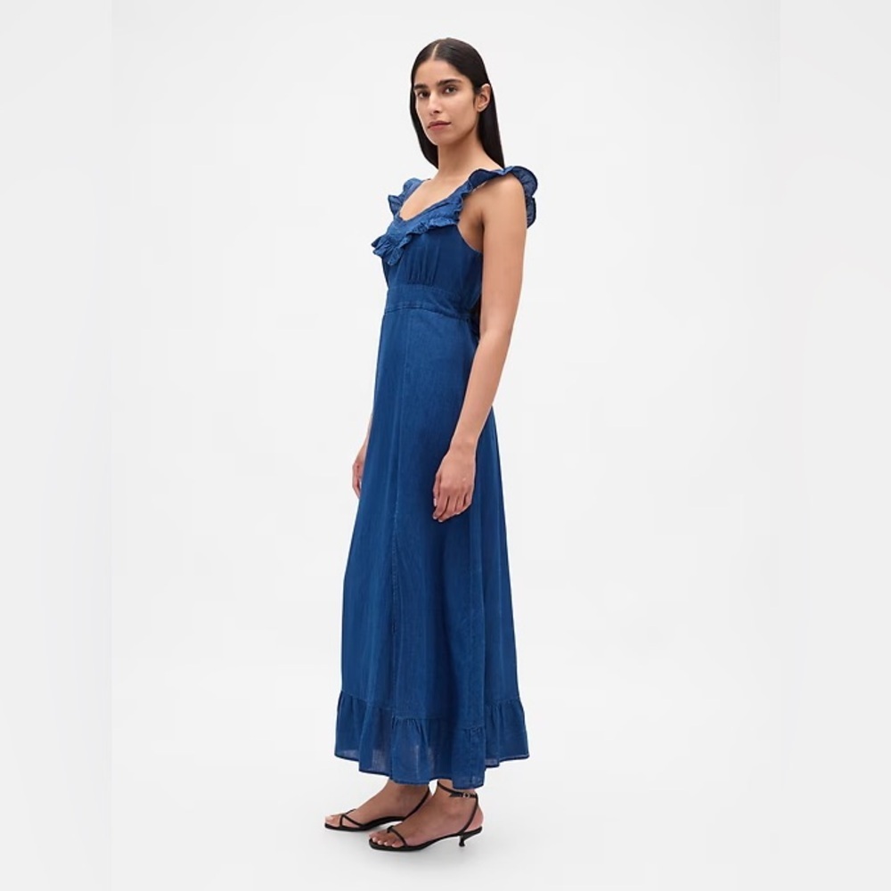 NWT! GAP Indigo Ruffle-Trim Maxi Dress - Size SMALL PETITE 🚦 - Picture 3 of 6